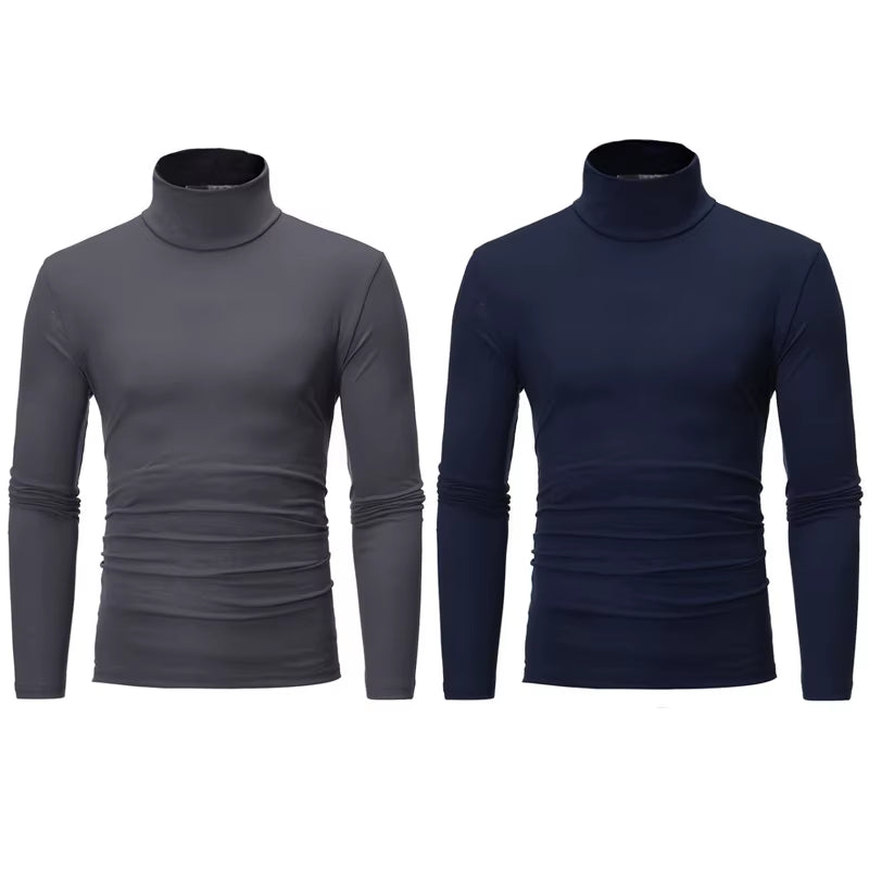2Pcs Men Thin Warm Tops Men'S Autumn Long-Sleeved Thermal Underwer Male High Collar Fashion T-Shirt