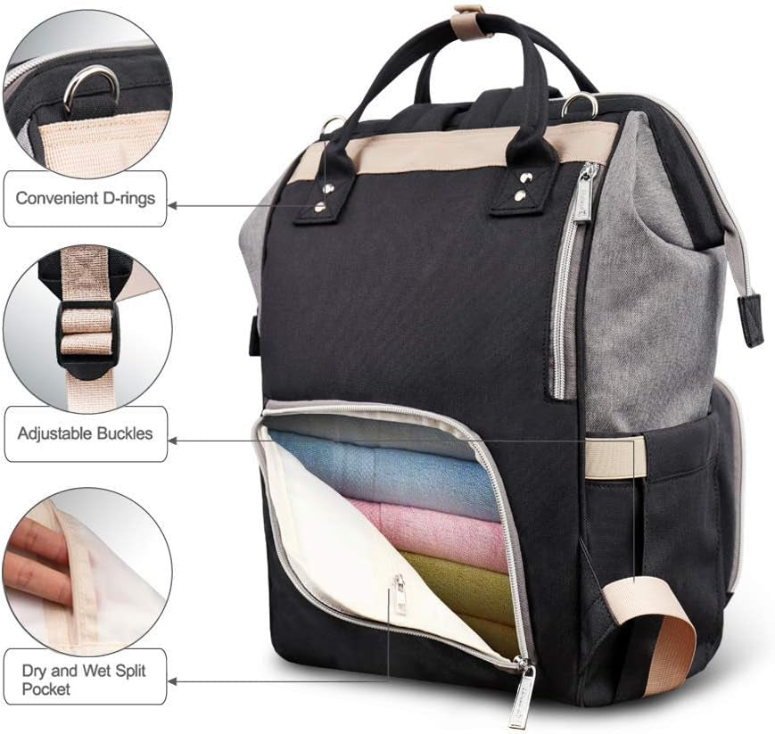 Diaper Bag Backpack, Multifunctional Baby Diaper Bag with Stroller Hooks, Stylish Baby Bag for Mom Dad, Gray Black