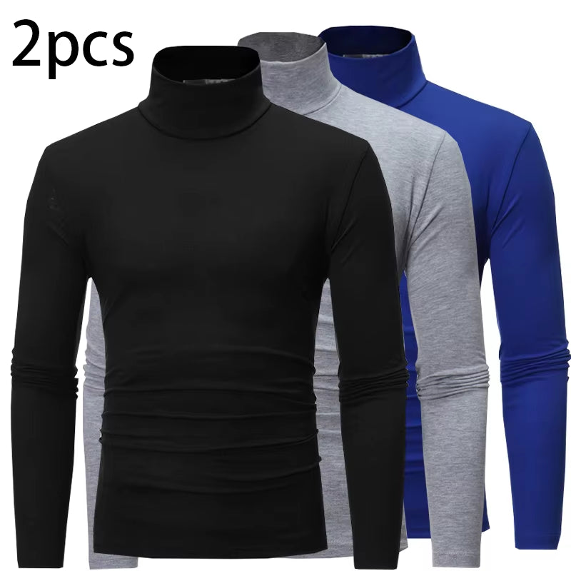 2Pcs Men Thin Warm Tops Men'S Autumn Long-Sleeved Thermal Underwer Male High Collar Fashion T-Shirt