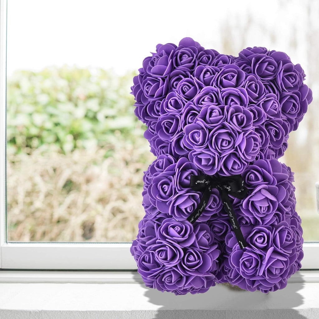 Rose Bear ,Rose Teddy Bear, Flower Bear Cub, Forever Rose Everlasting Flower for Window Display, Anniversary Christmas Valentines Gift (Purple)