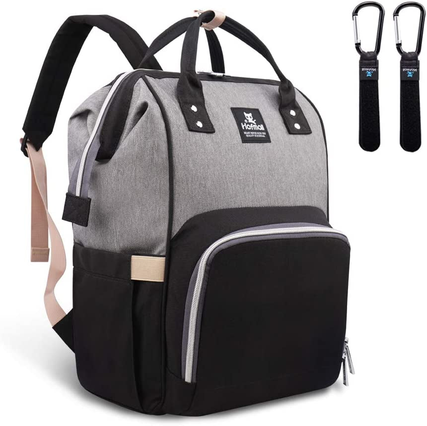 Diaper Bag Backpack, Multifunctional Baby Diaper Bag with Stroller Hooks, Stylish Baby Bag for Mom Dad, Gray Black