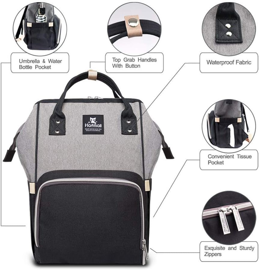 Diaper Bag Backpack, Multifunctional Baby Diaper Bag with Stroller Hooks, Stylish Baby Bag for Mom Dad, Gray Black