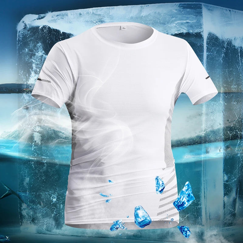 Running T-Shirt Men Summer Ice Silk Thin Top Reflective Printing Quick Dry Short Sleeve Breathable Fitness Sports T-Shirt 5XL