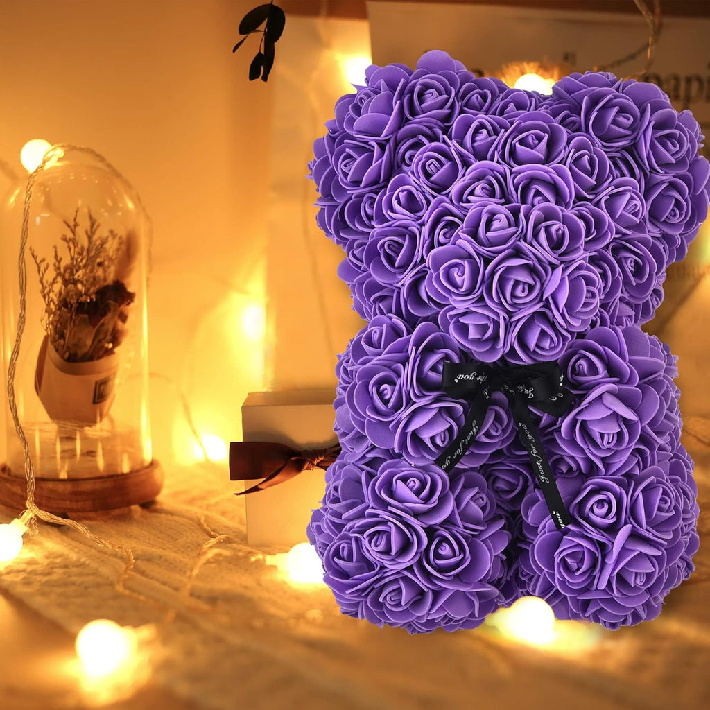 Rose Bear ,Rose Teddy Bear, Flower Bear Cub, Forever Rose Everlasting Flower for Window Display, Anniversary Christmas Valentines Gift (Purple)