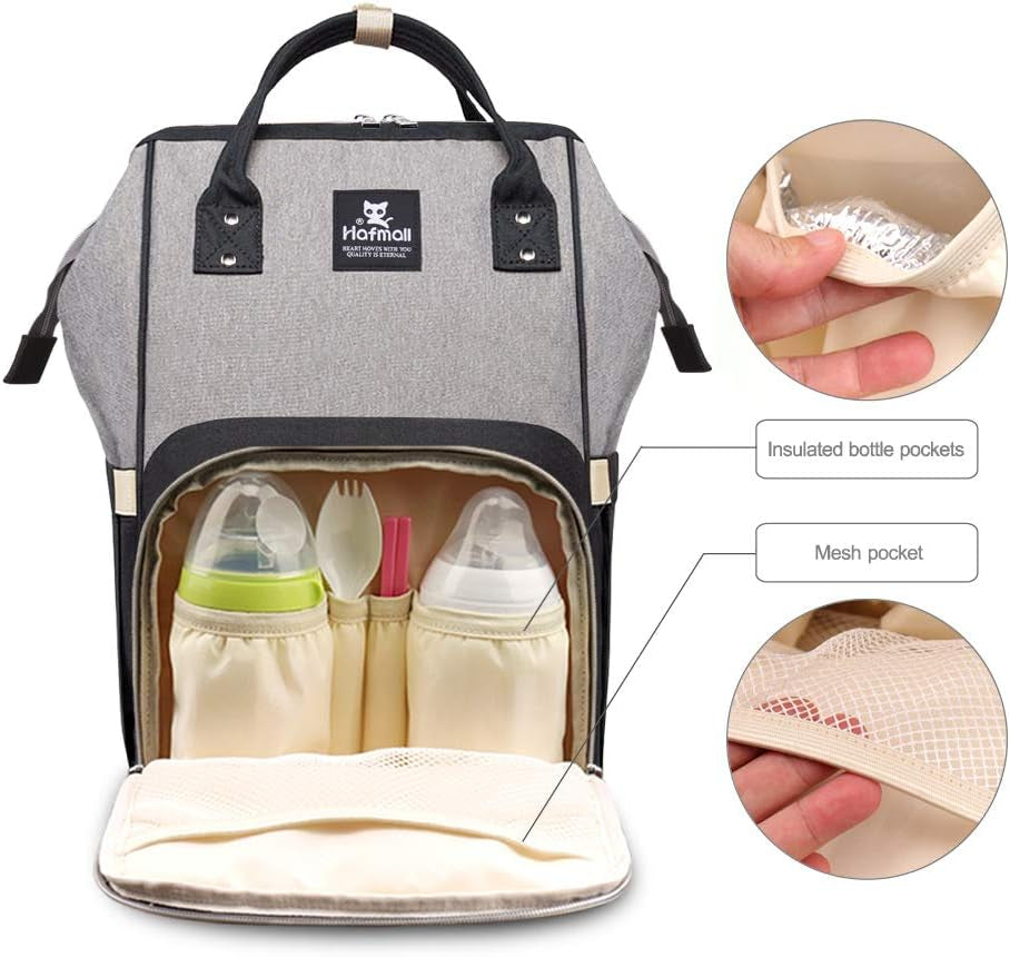 Diaper Bag Backpack, Multifunctional Baby Diaper Bag with Stroller Hooks, Stylish Baby Bag for Mom Dad, Gray Black