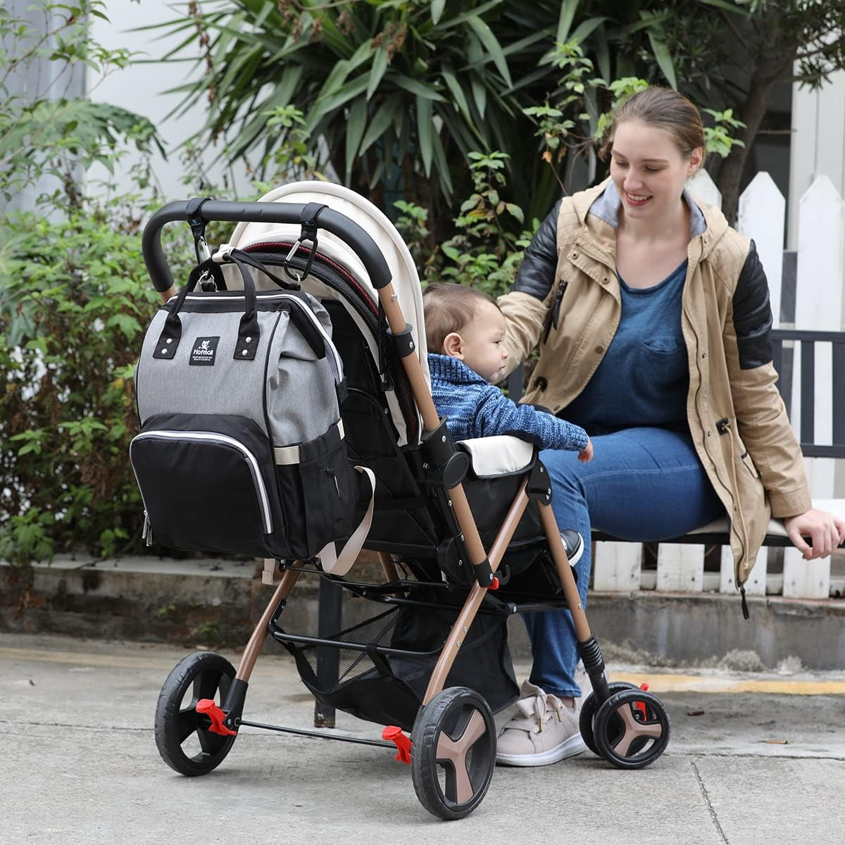 Diaper Bag Backpack, Multifunctional Baby Diaper Bag with Stroller Hooks, Stylish Baby Bag for Mom Dad, Gray Black