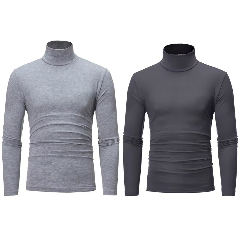 2Pcs Men Thin Warm Tops Men'S Autumn Long-Sleeved Thermal Underwer Male High Collar Fashion T-Shirt